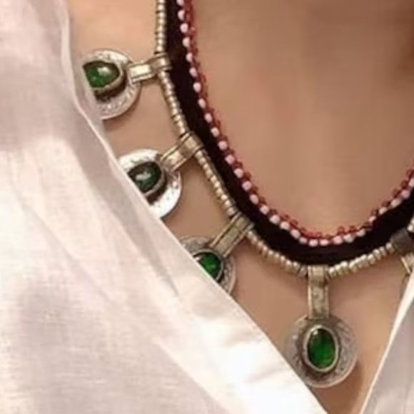 Afghan Stone Embedded Coins Necklace, Afghan Choker Necklace, Vintage Tribal - Picture 6 of 6